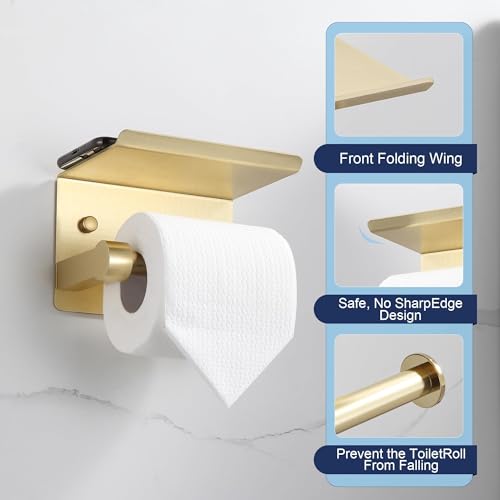 BGL Toilet Paper Holder with Shelf, Jumbo Roll Toilet Paper Holder for Large Rolls,Brushed Gold Adhesive Toilet Roll Holder for Bathroom，Renter Friendly Toilet Paper Holder - color: Gold