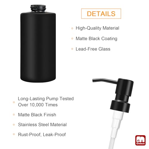 GMISUN Black Soap Dispenser, Hand Soap Dispenser Bathroom, Hand and Dish Dispenser Set for Kitchen, 12 fl oz/350ml Glass Liquid Soap and Lotion Dispensers with Stainless Steel Pump, 2 Pack Refillable - color: Black Bottle + Black Pump, size: 2 Pack - 12oz