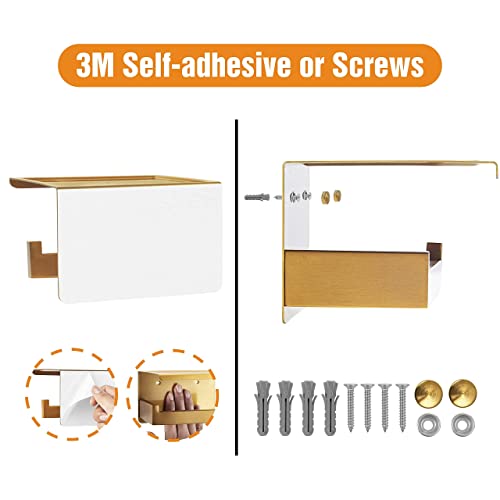HITSLAM Gold Toilet Paper Holder, Stick on Brushed Brass Toilet Paper Holder with Shelf, Self Adhesive No Drill or Wall-Mount with Screws for Bathroom - color: Brushed Brass, size: Medium