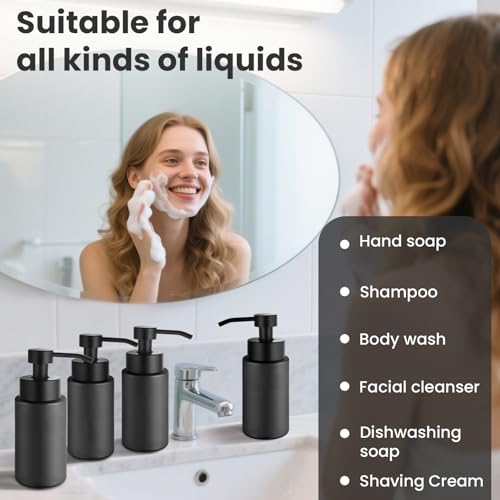 6 Pack 10 OZ Glass Foaming Soap Dispenser for Bathroom & Kitchen Foaming Hand Soap Dispenser with Labels Dispenser for Liquid Soap,Shampoo,Body Wash,Dish Soap,Black