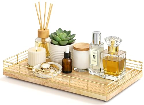 Bathroom Vanity Tray, 13" x 8" Oak Decorative Wooden Tray for Countertop | Large Bathroom Vanity Organizer, Wood Tray for Perfume Skincare Accessories Storage, Vanity Dresser Decor, Gold & Natural Oak - color: Natural, size: 13" x 8" x 2"