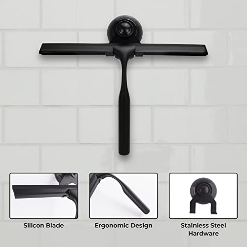 Matte Black Shower Squeegee for Glass Doors with Adhesive Hooks, Squeegee for Shower Glass, Cleaner Tool for Bathroom Household Window Mirror Tile Wall Car, 10 Inch Black - color: Matte Black