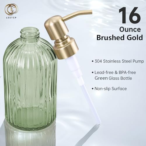 16Oz Green Glass Soap Dispenser with Rust Proof Stainless Steel Pump, Green Stripe Bathroom Hand Dish Lotion Dispensers with Brushed Gold Pump,Brushed Gold Glass Soap Dispenser,2 Packs - color: Brushed Gold + Green, size: 2-Pack