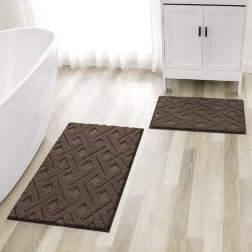 HOMEIDEAS Brown Bathroom Rug Set 2 Piece, Soft Microfiber Tufted Bath Mats, Super Absorbent Non Slip, Machine Washable Bathroom Rugs for Tub, Shower and Floor, 20" x 32" Plus 16" x 24" - color: Brown