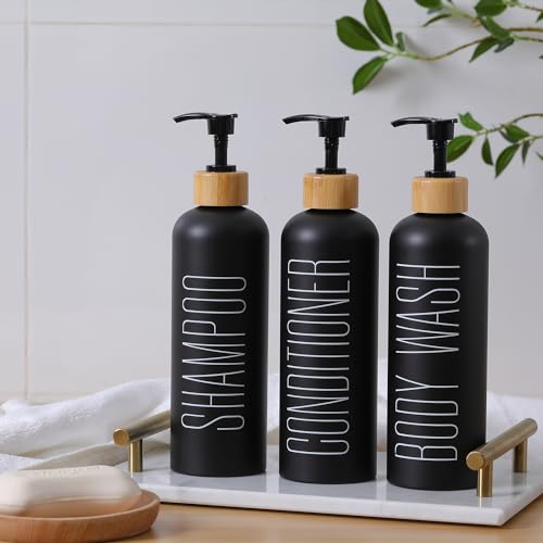 HOMCDALY 16oz 3-Pack Refillable Black Bathroom Shower Set - Empty Bottles with Pump for Shampoo, Conditioner, or Body Wash - color: Black&bamboo Pump