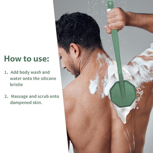 iTokGoK® Silver-Infused Silicone Back Scrubber with Long Handle Back Brush for Shower,Back Brush Long Handle for Men and Women,Ergonomic No-Slip Handle, Long-Lasting (Midnight Green) - color: Midnight Green
