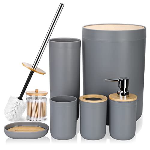 Otostar Grey Bathroom Accessories Set Bamboo Bathroom Set with Qtip Holder Soap Dispenser Toothbrush Holder Tumbler Soap Dish Toilet Brush Holder Trash Can Plastic Bath Set Housewarming Gift (Grey) - style: A-Grey Bamboo Cover Set