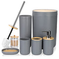 Otostar Grey Bathroom Accessories Set Bamboo Bathroom Set with Qtip Holder Soap Dispenser Toothbrush Holder Tumbler Soap Dish Toilet Brush Holder Trash Can Plastic Bath Set Housewarming Gift (Grey) - style: A-Grey Bamboo Cover Set