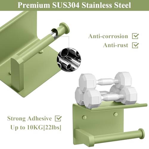 Tindbea Toilet Paper Holder with Shelf Adhesive or Screw Wall Mounted Toilet Paper Roll Dispenser Storage, Stainless Steel Bathroom Shelf Holder Accessories (Soft Sage Green) - color: L-soft Sage Green