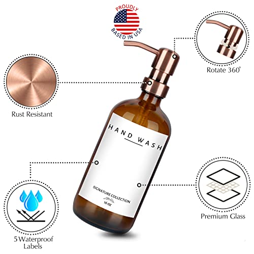 Emerson Soap Dispenser, Dish Soap Dispenser for Kitchen, Soap Dispenser Bathroom Set, Hand Soap Dispenser, Kitchen Soap Dispenser Set, Glass Soap Dispenser with Pump and Labels - 16 Oz - 2 Pack - color: 02 – Amber / Copper