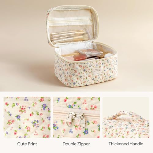 HBselect Quilted Makeup Bag, 3PCS Cotton Large Travel Makeup Bag, Cute Floral Coquette Make up Bag Cosmetic Bag Toiletry Bag for Women Girls - color: A-3PCS-Floral 12
