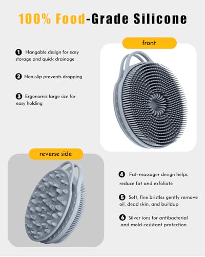 2 in 1 Silicone Body Scrubber, Anti Cellulite Massage Scrubber, Exfoliating Shower Brush for Men & Women, Removes Dead Skin, Reduces Cellulite, Improves Circulation, Fast Dry, Non Slip (1PC, Grey) - color: Grey, size: 1PC