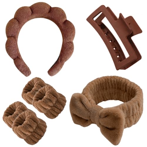 7 Pcs Spa Set, Facial Headband and Wristband Set, Skincare Accessories, College Style Girl Idea Gifts, Hair Accessories for Women and Girls （Dark Brown） - color: Dark Brown