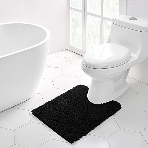 Walensee Bathroom Contour Rug Non Slip Toilet U Shaped Bath Mat (20x24, Black) Water Absorbent Super Soft Shaggy Chenille Machine Washable Dry Extra Thick Perfect Absorbant Best Plush Carpet - color: Black, size: 20"x24" Contour Rug