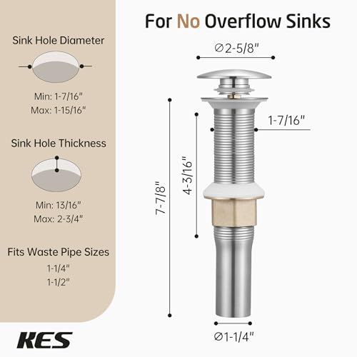 KES Bathroom Sink Drain with Strainer Basket Hair Catcher Anti Clog Pop Up Drain Stopper Vanity Vessel Sink Without Overflow, Brushed Nickel All Metal Rustproof 304 Stainless Steel, S2013D-BN - color: Brushed Nickel, style: for NO overflow sink,1-pack