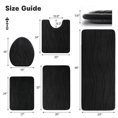 YIHOUSE Bathroom Rugs Set 5 Piece, Memory Foam Bath Mat Black | Ultra Soft, Absorbent, Non-Slip, Machine Washable, for Bathroom, Sink and Toilet - color: Black, size: 3'10" x 1'8" (Rectangular)