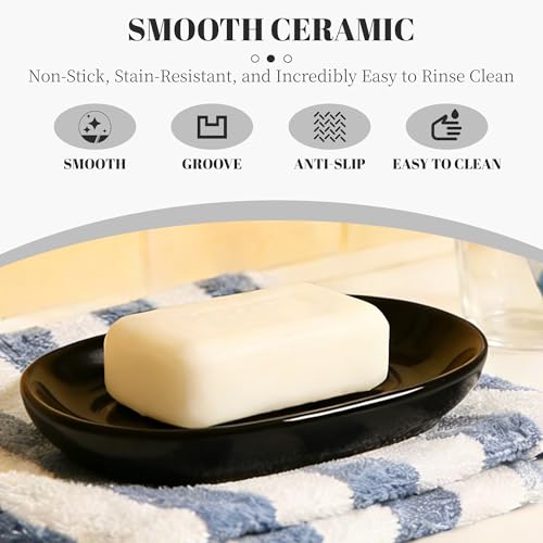 Black Soap Dish for Bathroom & Kitchen Sink – Ceramic Raised Center Keeps Soap Dry & Easy Clean, Heavy Base Stays Put on Wet Surfaces; Also Holds Soap Bars, Sponges, Jewelry, Keys & Small Items - color: Black