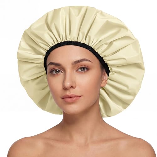 Extra Large Shower Cap for Women, Reusable Waterproof Shower Bonnet with Satin Lining, Double Layer Washable Bath Hair Cap for Braids, Locs, Long Thick Curly Hair, Natural Hair(Big Champagne) - color: Champagne