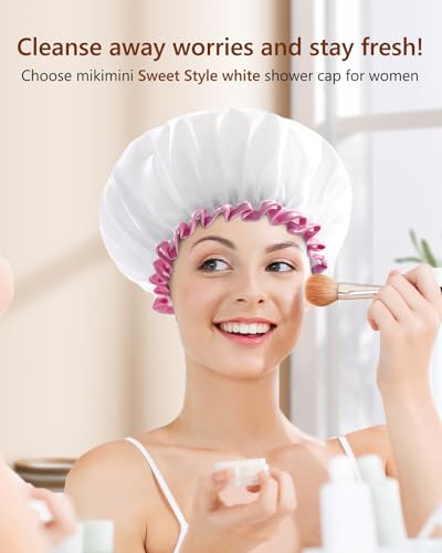 mikimini White Shower Cap Pack of 2 Waterproof Reusable Double Layers Bathing Hair Caps with Soft Comfortable PEVA Lining, Cute, Non-fading & Stretchy Shower Hat Medium White - color: White+Pink Lace, size: Medium (Pack of 2)