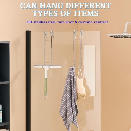 Shower Door Towel Hooks (2-Pack), 9"-13" Adjustable Over Glass Door Hooks | Fit for Frameless, Anti-Scratch Squeegee Holder, Towel Hanger for Bath Suits Rozer Robes Loofahs Shavers, Stainless Steel - color: Silver, Clip