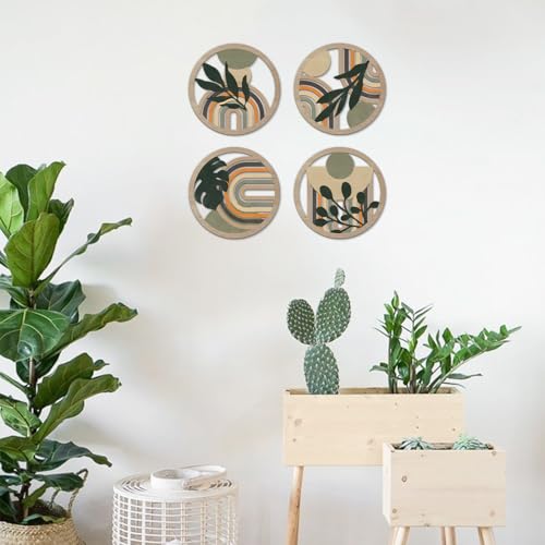 TOARTi 4Pieces Boho Botanical Wooden Wall Art Abstract Bohemian Hanging Sign Farmhouse Geometric Neutral Round Wall Decor Mid Century Minimalist Aesthetic Plant Artwork for Bedroom Living Room Office Decor - color: green