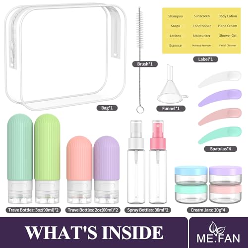 ME.FAN Travel Bottles for Toiletries,18 Pack Silicone Portable Size Bottle, TSA Approved Refillable Cosmetic Container Kits for Conditioner, Shampoo, Lotion,Face Cream - Bright - color: Bright