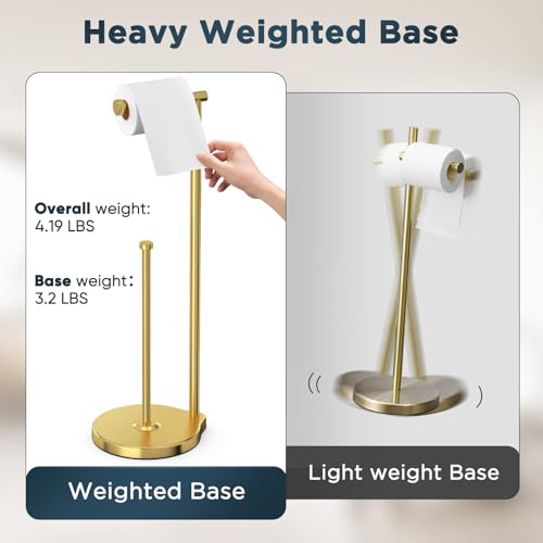 theaoo Heavy-Duty Toilet Paper Holder Stand – Modern Freestanding Bathroom Toilet Tissue Paper Roll Holder with Reserve & Storage, Stainless Steel (Brushed Gold, Free Standing) - color: Brushed Gold