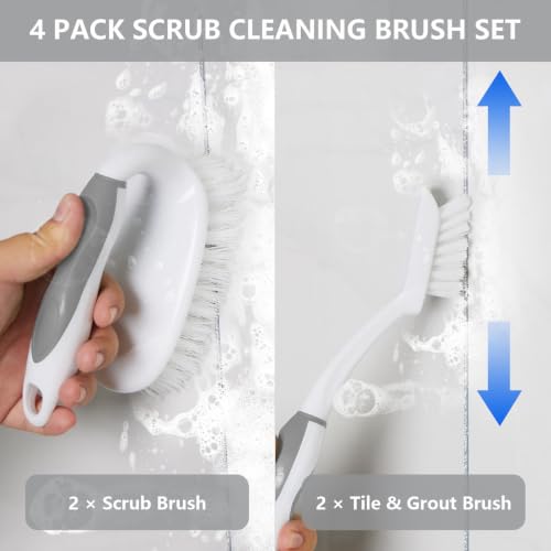 Scrub Brush Set, 4 Pack Deep Cleaning Brush Kit - 2 Scrub Brush, 2 Tile & Grout Brush with Built-in Scraper, Household Commercial Scrubber for Floor, Shower, Pool Wall, Tub (Gray) - color: Gray