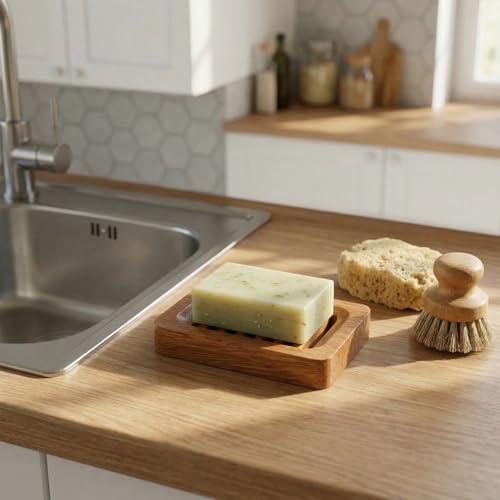 Wooden Soap Holder Slotted Wooden Teak Kitchen Sponge Holder Soap Dish for Shower Self Draining Dish for Shower, Sink, Bathroom, Bathtub, RV