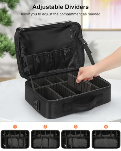 Relavel Makeup Bag Train Case for Women Travel Cosmetic Organizer with Adjustable Dividers and Brush Compartment, Large Storage Box for Cosmetics, Toiletries, Nail Polish, Jewelry, Electronic (Black) - color: Black, size: Medium