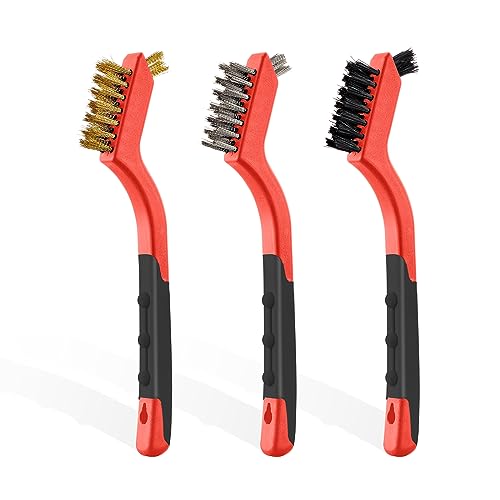 MAXMAN Wire Brush Set 3Pcs, Small Wire Brushes for Cleaning, Rust Remover, Scrub Brush, Detailing Brush, Metal Brush, Stainless Steel/ Brass/ Nylon Bristles Bristle Brush, Scratch Brush, (Red) - style: 3 PCS Brass/Stainless Steel/Nylon Bristles Red