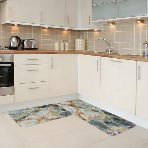 White Cyan Gold Marble Kitchen Rugs Microfiber Floor Mats Cushioned Carpet Runner Rug for Laundry Bathroom Living Room, 2 Piece Set 17"X 47" + 17"X 30" - color: White Cyan Gold Marble
