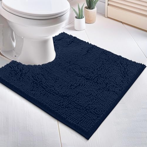 LuxUrux U-Shaped Toilet Bath Mat – Absorbent & Non-Slip Contoured Rug for Toilet Base, Plush Chenille, Machine Washable (20 x 20 inch, Navy) - color: Navy, size: 20'' X 20'' U