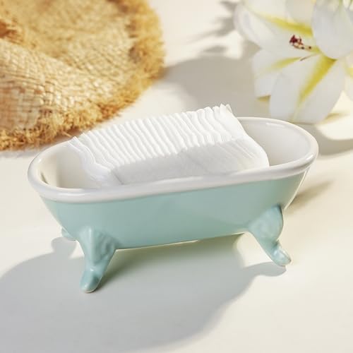 6.7" Ceramic Mini Clawfoot Bathtub Bar Soap Dish, Decorative Bar Soap Holder, Soap Tray Sponge Holder for Shower, Bathroom & Kitchen Sink (Bright Teal) - color: Bright Teal