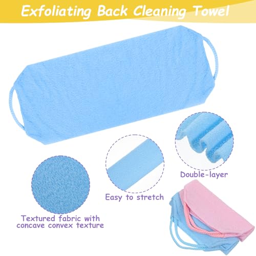 Body Wash Towel, 3 Pcs Double-Sided Back Exfoliator Body Scrub Towel, Nylon Back Scrubber with Handles, Stretchable BackWasher for Shower for Women Men(Blue, Pink, Yellow)