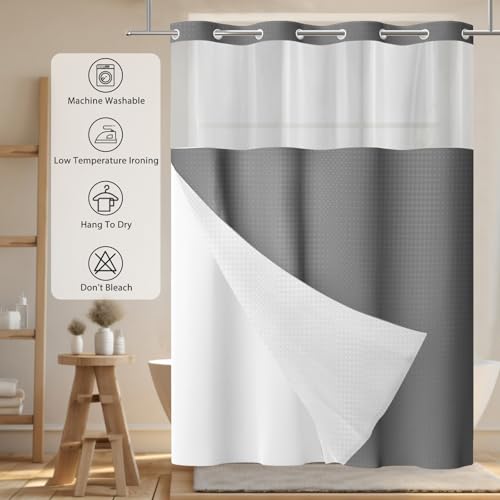 No Hook Shower Curtain with Snap in Liner, Waffle Shower Curtain Set for Bathroom, Hotel Style with Semi-Sheer Top Window, Waterproof & Washable, Dark Grey, 71" W x 80" L - color: Dark Grey, size: 71"W x 80"L (Pack of 1)