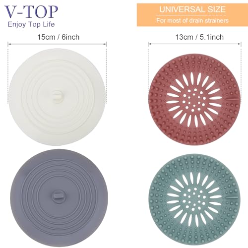 Shower Drain Hair Catcher Tub Stopper, V-TOP Drain Cover for Shower to Catcher Hair, Silicone Bathtub Drain Plug Suit for Bathroom Kitchen and Laundry, 4 Pack - color: 6" White & Gray & Green & Pink