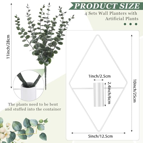 Jexine 4 Pcs Hanging Planters with Artificial Eucalyptus Metal Hanging Vase Indoor Plants Holder Modern Geometric Boho Bathroom Wall Decor for Living Room Home Office (Eucalyptus,White) - color: White, size: Eucalyptus
