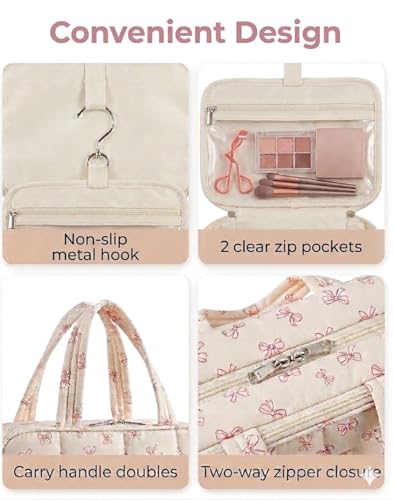SOIDRAM Travel Toiletry Bag for Women Pink Bow Hanging Makeup Organizer for Toiletries Large Capacity Cosmetic Bag Cute Aesthetic Toiletry Kit for Travel