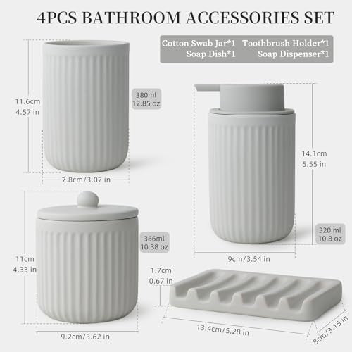 BosilunLife Ceramic Bathroom Accessories Set - Bathroom Counter Soap Set Light Grey Bathroom Decor Sets Accessories Bathroom Lotion Soap Dispenser and Toothbrush Holder Set, Soap Dish, Apothecary Jars - color: Light Grey-liquid