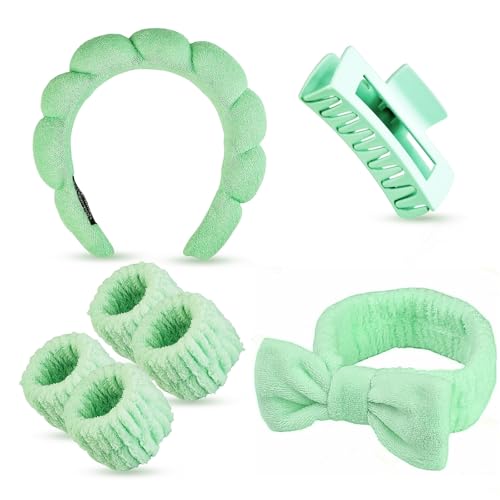 7 Pcs Spa Set, Facial Headband and Wristband Set, Skincare Accessories, College Style Girl Idea Gifts, Hair Accessories for Women and Girls（Light Green） - color: Light Green