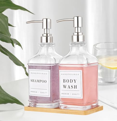 Glass Soap Dispenser with Pump,Tray,Funnel, Countertop Soap and Lotion Dispenser Set of 2 with 60 Stickers, Dish and Hand Soap Dispenser Bottle for Kitchen,Bathroom,Shower, 500ml/16.9oz - color: Blk-5070-2s