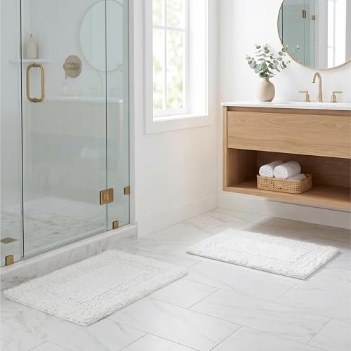 THE BEER VALLEY Set of 2 Reversible Bath Rug 21x32/17x24 Inch - White | Cotton Absorbent Bathmat for Bathroom, Washable Toilet Throw Thick Mat - color: White, size: 1'9" x 2'10" (Rectangular)