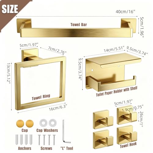 Brushed Gold Bathroom Accessories Hardware Set, 7-Pieces Stainless Steel Towel Racks for Bathroom, 16 Inch Towel Bar, Towel Holders, Updated Toilet Paper Holder with Shelf Wall Mounted - color: Gold, size: 7 Pieces