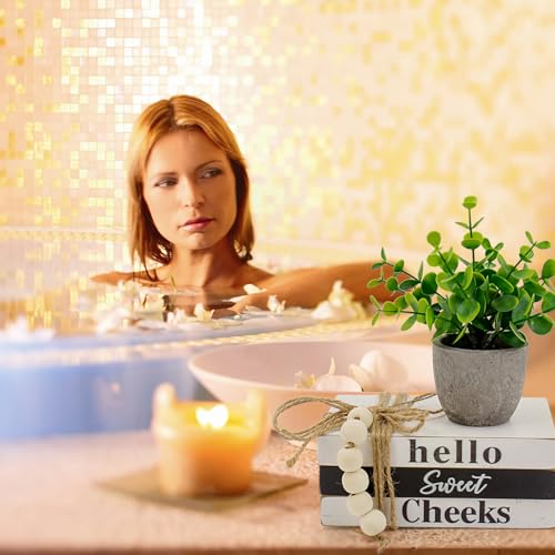 Bathroom Shelf Decor Signs, Book Stack and 3D Round Signs With Fake Plants, Funny Hello Sweet Cheeks Wooden Rustic Decor for Restroom Shelf Thanksgiving Christmas Gift (Sweet Cheeks) - color: Sweet Cheeks