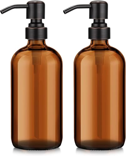 AmazerBath Amber Glass Soap Dispensers, 2 Glass Amber Pump Bottles, 17 Oz Dish Soap Dispenser, Kitchen Bathroom Hand Soap Dispensers for Hand Sanitiser, Shampoo, Lotion, Shower Gel Conditioner - color: Brown