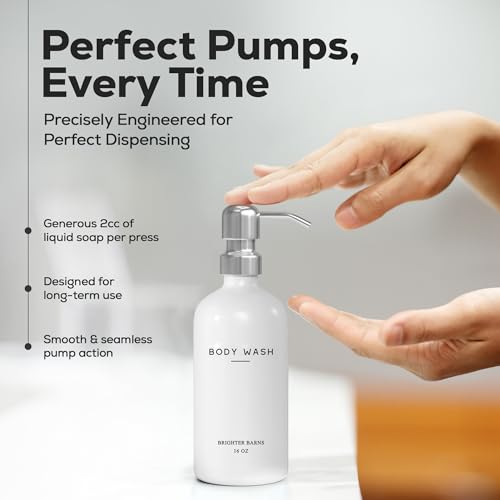 White Shampoo and Conditioner Dispenser Set by Brighter Barns - Shower Dispenser for Bathroom - Refillable Plastic Shampoo Bottle & Stainless Steel Pump - Shampoo Dispenser for Vacation Rental (White) - color: Silver