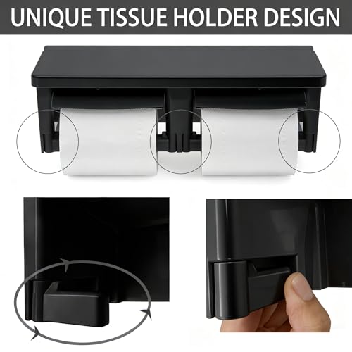 Matte Black Double Toilet Paper Holder with Shelf - Toilet Paper Cutting Function, Toilet Paper Holder Wall Mounted for Bathroom Washroom - color: Abs Black&black, size: Full