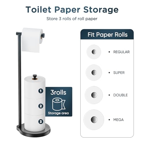 theaoo Heavy-Duty Toilet Paper Holder Stand – Modern Freestanding Bathroom Toilet Tissue Paper Roll Holder with Reserve & Storage, Stainless Steel (Black, Free Standing) - color: Black