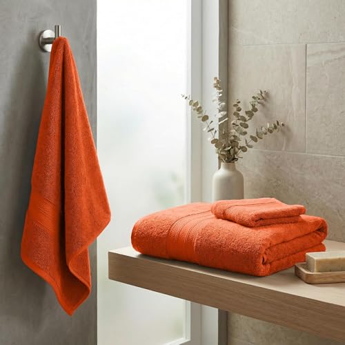 Superior 100% Cotton 3-Piece Towel Set, Heavyweight Plush Absorbent Towels for Bathroom, Spa, Gym, Integrated Hanging Hooks, Set Includes 1 Bath, 1 Hand, 1 Face Towel, Atlas Collection, Sandstone - color: Sandstone, size: 3-Piece Towel Set